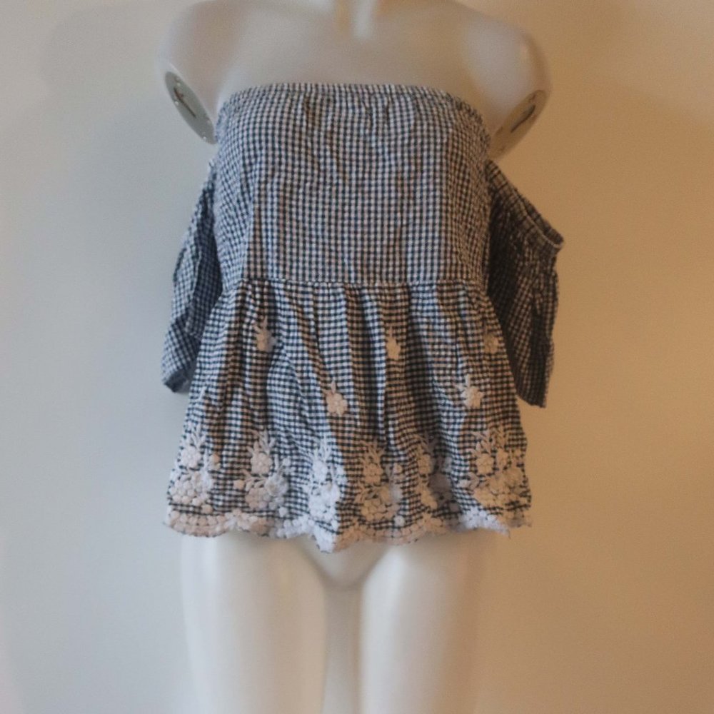 NWT Tina Demel Blue White Gingham Off the Shoulder Top L *